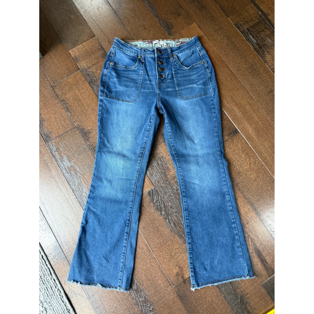 Frye and Co Flare Jeans Size 6 High Rise Button Fly Raw Hem western festival